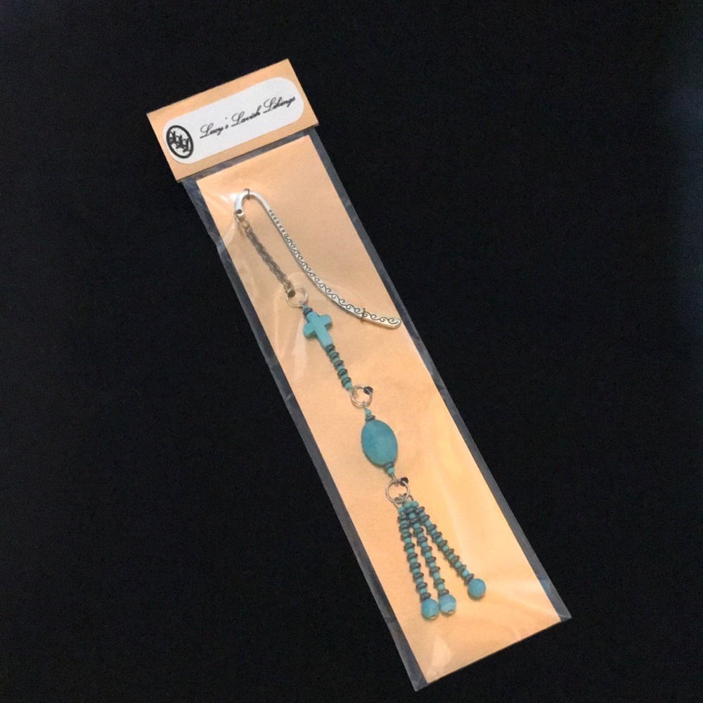 Metal Shepherds Hook Bkmk w/Chain & Turq Magnesite Gemstone,Glass, & Metal Beads